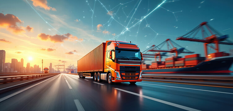Orange truck with container drives on highway to sea port with cargo ship. Global logistics and delivery service. Digital transport and worldwide industry. Import export.