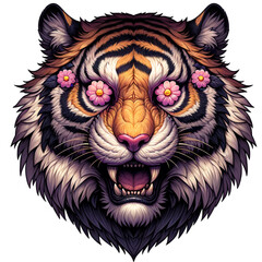 Artistic Floral Tiger Portrait: A vibrant, stylized tiger portrait featuring striking floral elements, showcases a fusion of wild majesty with creative floral elements and artistic allure.