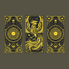 beneath layers of soot and myth, phoenix feathers burn through antique vector compositions