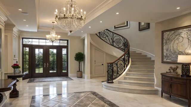 Opulent foyer showcases grand staircase crystal chandeliers and marble flooring design elements abound