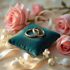 Wedding rings on blue velvet cushion, surrounded by roses, flowers and white ribbon. Symbol of eternal love, marriage, engagement, celebrating the special day. Romantic background for greeting card.