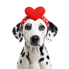 Cute Dalmatian dog wearing heart headband on Transparent background with playful expression, Cute Dalmatian Dog with Heart Headband on PNG background