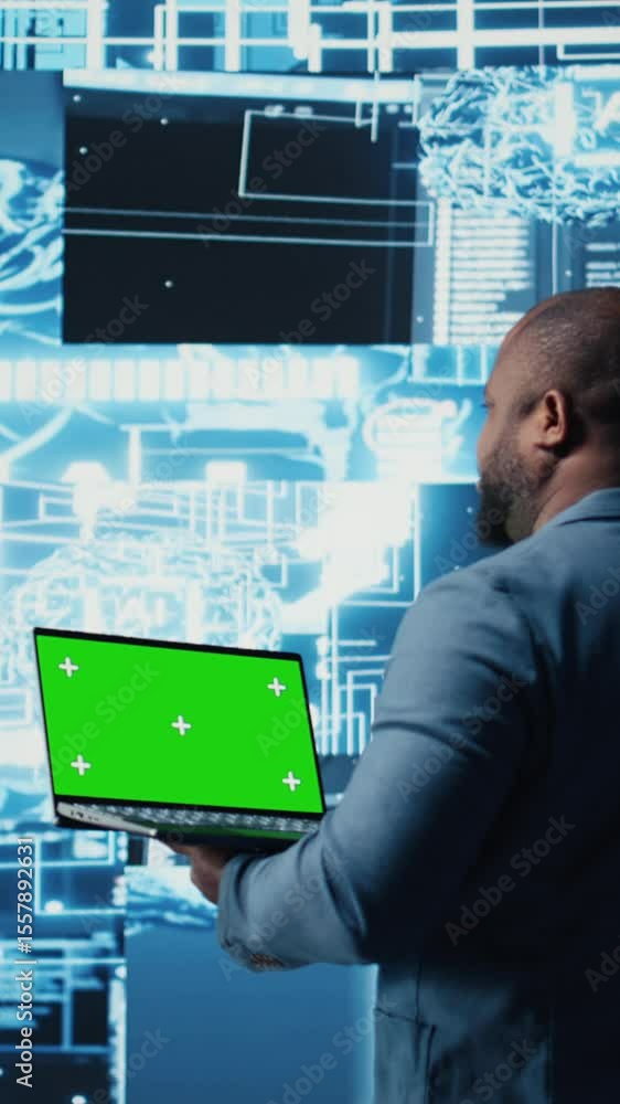 Poster vertical video modern black person in digital space uses isolated display with ai tools, representin