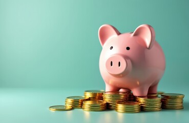 Pink piggy bank stands on golden coin stacks against pastel background. Financial concept savings investment, wealth accumulation. Symbolizes saving money, financial security, banking.