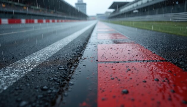 Wet racetrack in rain. Low angle shot of asphalt surface with red and white markings. Water drops on wet surface. Motorsport racing. Road and track with curve lines.