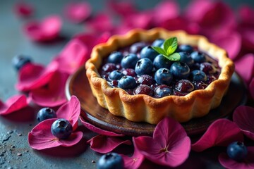 A rustic blueberry pie rests on vibrant flower petals , colorful, pastry
