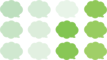 All the bubbles have a distinctive, rounded, cloud-like, or scalloped edge design. This vector image features twelve speech bubbles. Speech bubble with a white dashed line inside.