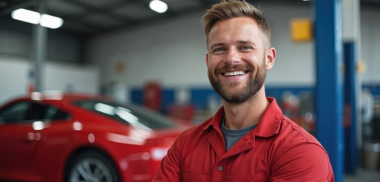 Smiling mechanic near red car. Happy man at auto repair shop. Auto service specialist with automobile garage background. Automotive industry worker offers pro vehicle maintenance.