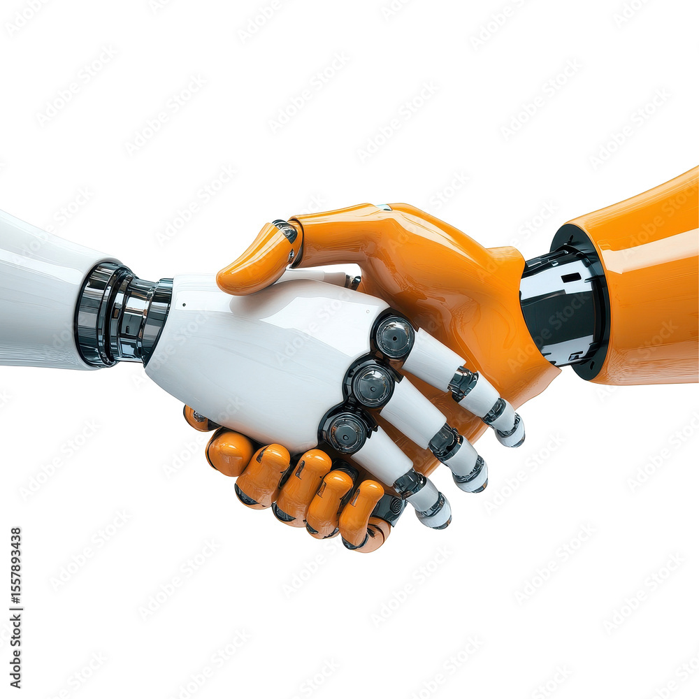 Poster robotic hands engaging in a handshake on a transparent background symbolizing collaboration and unit