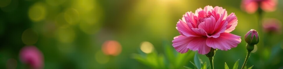 Vibrant pink carnation blossom, lush green foliage, sunlit garden , light, beauty