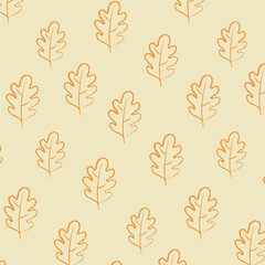 Seamless pattern of hand drawn oak leaves in orange line art on warm beige background, vector format. Perfect for fall wrapping paper, fabric prints, autumn stationery and seasonal branding projects.