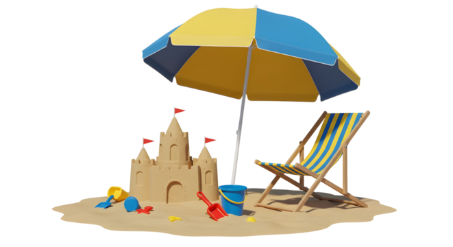 Beach Scene with Yellow Umbrella and Sandcastle - Powered by Adobe