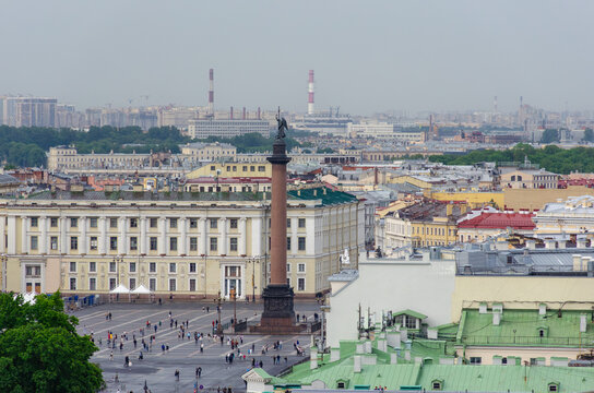 St. Petersburg, Russia - June 12, 2025: View from the colonnade of St Isaac's Cathedral to Palace Square