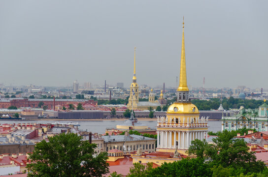St. Petersburg, Russia - June 12, 2025: View from the dome of St Isaac's Cathedral to the Admiralty and the Peter and Paul Fortress
