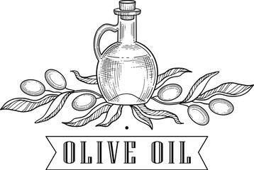 Olive oil emblem. Hand drawn label for extra virgin oil or olive contained cosmetic products with sketch tree, branches, leaves and olives isolated vector illustration