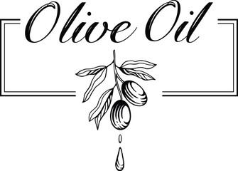 Olive oil emblem. Hand drawn label for extra virgin oil or olive contained cosmetic products with sketch tree, branches, leaves and olives isolated vector illustration