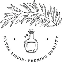 Olive oil emblem. Hand drawn label for extra virgin oil or olive contained cosmetic products with sketch tree, branches, leaves and olives isolated vector illustration
