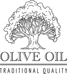 Olive oil emblem. Hand drawn label for extra virgin oil or olive contained cosmetic products with sketch tree, branches, leaves and olives isolated vector illustration