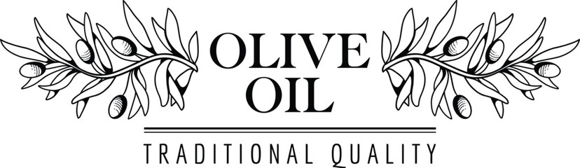 Olive oil emblem. Hand drawn label for extra virgin oil or olive contained cosmetic products with sketch tree, branches, leaves and olives isolated vector illustration