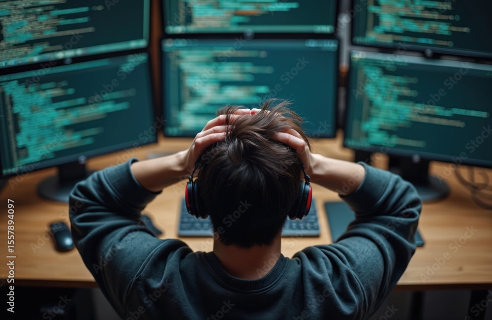 Poster overwhelmed programmer at work, suffering from burnout. developer stressed by deadlines and coding o