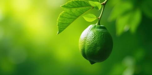 Vibrant green lemon hanging from a leafy branch , plant, background, juicy