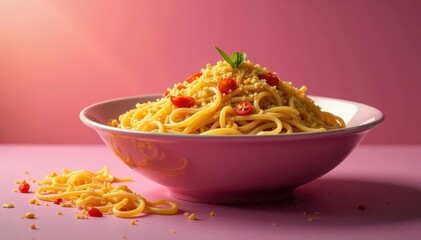 Vibrant hues backdrop, uncooked noodles scattered , art, detail, abstract