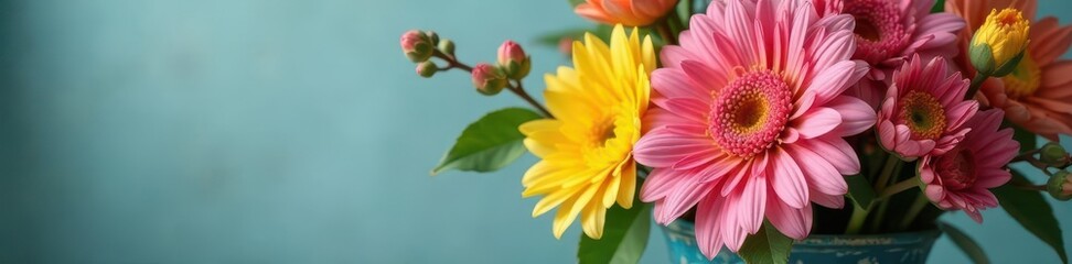 Vibrant mixed flower arrangement in a decorative vase, arrangement, vase, blooms