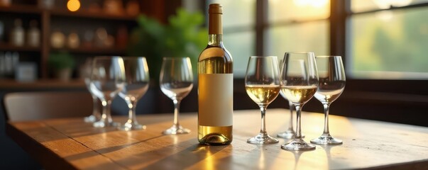 A bottle of white wine is placed on its side in the center of a wooden table surrounded by empty glasses , drink, wine bottle