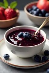 A bowl of blueberry jam with a spoon and a fruit bowl in the background, breakfast, table setting, blueberry