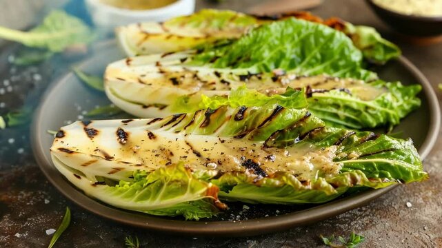 Grilled romaine lettuce with creamy dressing, seasoned with salt and pepper, served on a rustic plate. Perfect as a light lunch or a side dish