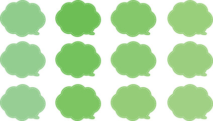 All the bubbles have a distinctive, rounded, cloud-like, or scalloped edge design. This vector image features twelve speech bubbles. Speech bubble with a white dashed line inside.