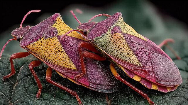 Mating Shield Bugs: Intricate Patterns and Close-Up Detail on Leaf Surface