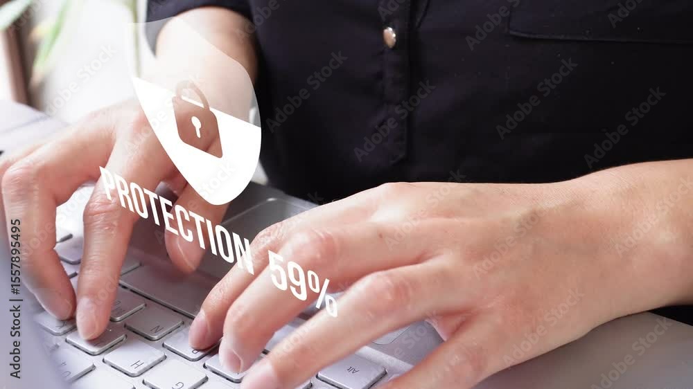 Poster person working on a computer and a hologram of a business briefcase icon with a check mark.
