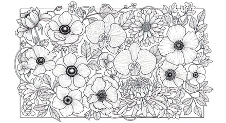 Beautiful floral frame of orchids, daisies, poppies, and chrysanthemums illustrated in black and white line art. Ideal for greeting cards or adult coloring projects.