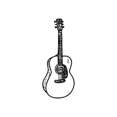 Fototapeta premium Acoustic Guitar Doodle Icon for Music Festival Posters, Indie Band Album Covers, Concert Promotions and Vintage Design Concepts – Hand Drawn Black SVG on Transparent Background