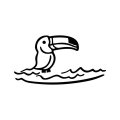 Fototapeta premium Toucan Sitting on Waves in Black Outline Doodle SVG – Exotic Bird Line Art Icon for Jungle Travel Ads, Tropical Designs, Children’s Nature Education Projects and Eco-Themed Content