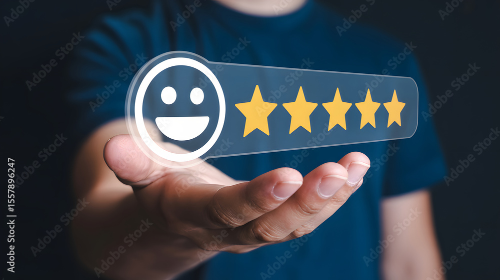Poster hand presenting a five star rating with a happy face representing customer satisfaction and excellen