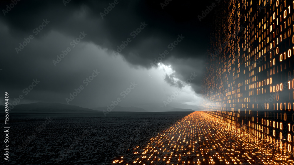 Poster binary code streams forward along a glowing digital road, symbolizing data transmission, connectivit