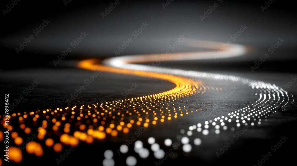 Poster binary code streams forward along a glowing digital road, symbolizing data transmission, connectivit