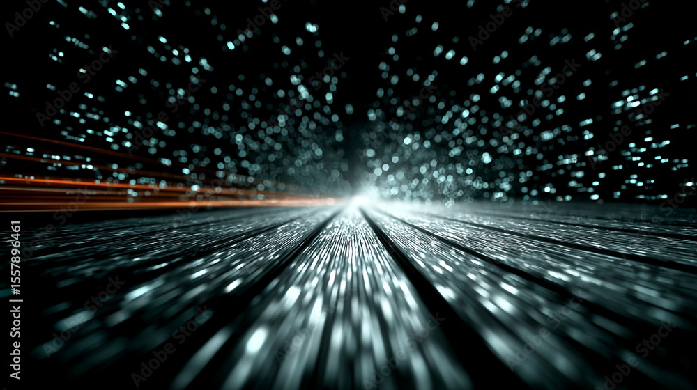 Poster binary code streams forward along a glowing digital road, symbolizing data transmission, connectivit