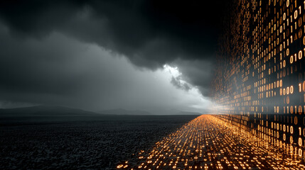 Binary code streams forward along a glowing digital road, symbolizing data transmission, connectivity, and futuristic technology. Abstract concept of digital infrastructure in motion.

