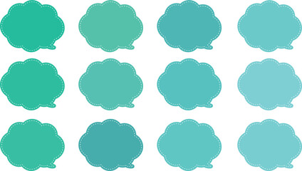 All the bubbles have a distinctive, rounded, cloud-like, or scalloped edge design. This vector image features twelve speech bubbles. Speech bubble with a white dashed line inside.