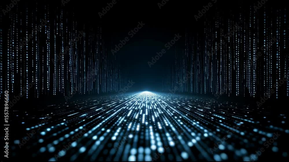 Poster binary code streams forward along a glowing digital road, symbolizing data transmission, connectivit