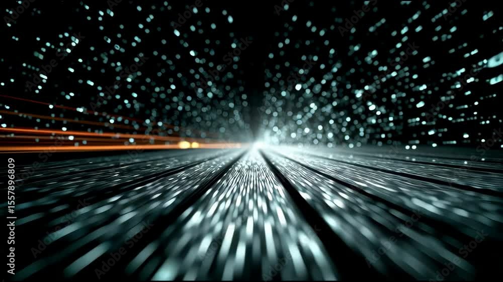 Poster binary code streams forward along a glowing digital road, symbolizing data transmission, connectivit