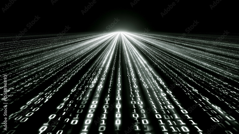 Poster binary code streams forward along a glowing digital road, symbolizing data transmission, connectivit