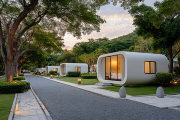 serene eco hotel made of modern capsule houses nestled among lush greenery illuminated by soft light