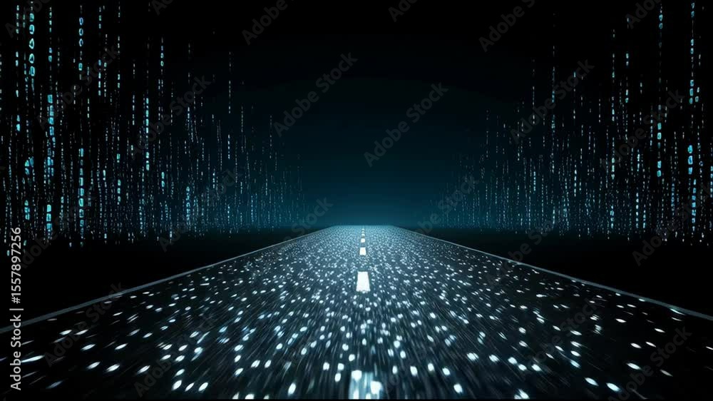 Poster binary code streams forward along a glowing digital road, symbolizing data transmission, connectivit