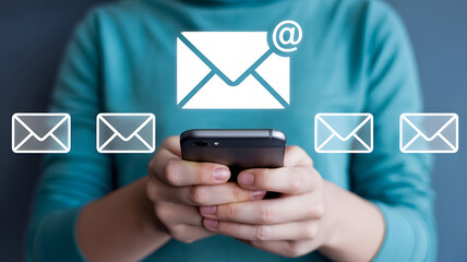 Obraz na płótnie Canvas Woman checks messages and email on a mobile device as digital mail notifications appear showing email marketing and online communication strategies.