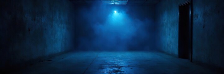 Dramatic Blue Light Illuminates Empty Room, Casting Deep Shadows Perfect for Film Noir, Mystery, or Suspense