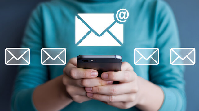 Woman checks messages and email on a mobile device as digital mail notifications appear showing email marketing and online communication strategies.